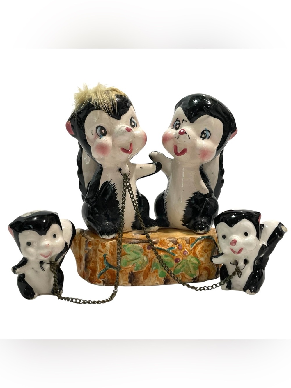 Vintage 1950s Anthropomorphic Napco Chained Skunk Family Figurine Set - AS IS